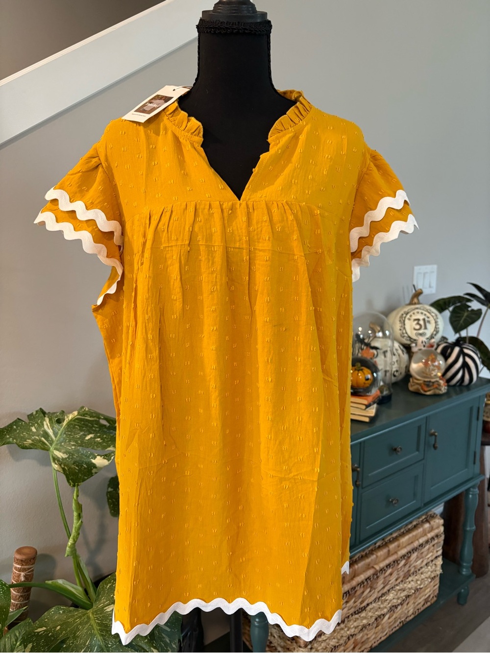 Mustard Yellow Short-Sleeve Tunic with White Ric Rac Trim
